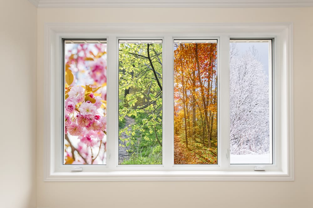 Window in home interior with view of four seasons