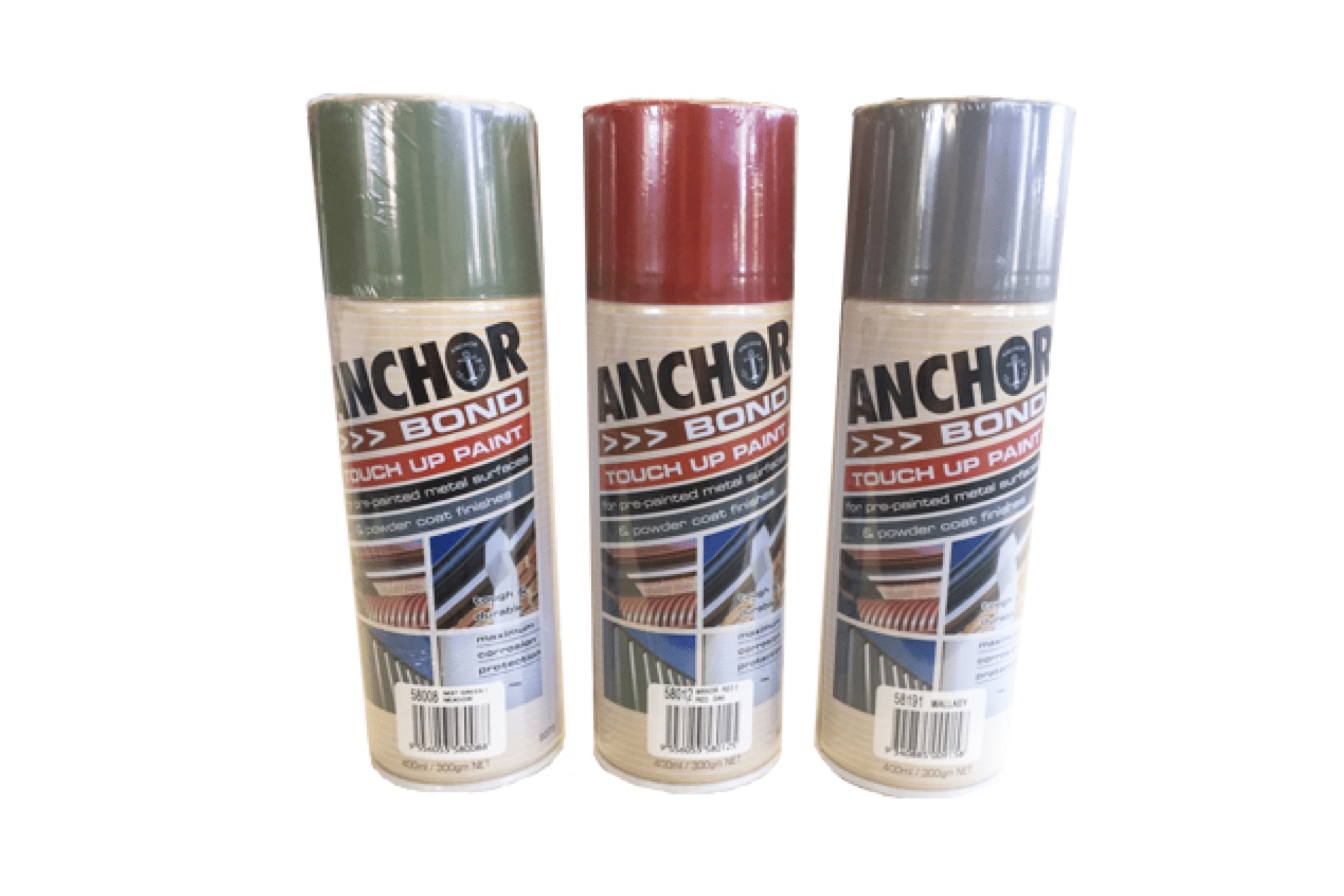 Green, red and silver color touch-up paint bottles